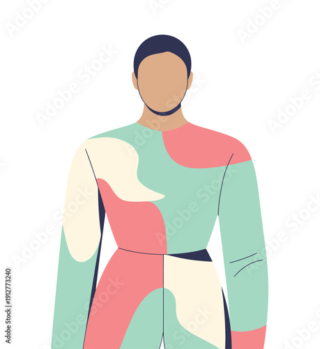 Person with short dark hair wears a modern abstract patterned shirt and pants set.