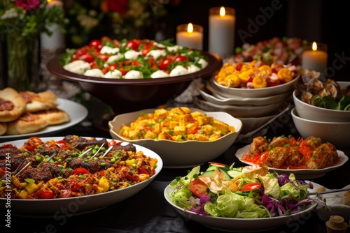 Buffet table showcasing a variety of appetizers, main courses, and fresh salads with candlelight