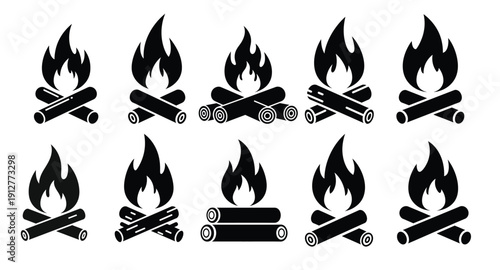 Collection of campfire icons in black silhouette on white background