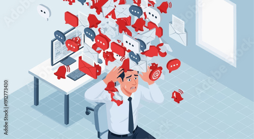 Isometric office worker under attack from raining digital notification icons.