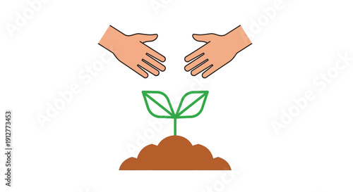 Nurturing Growth: Hands Protecting Green Seedling Icon in Soil. Environment, Sustainability, and Conservation Vector Illustration.