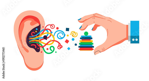 Sound Perception and Data Organization. Conceptual vector illustration of colorful waves exiting an ear being structured by a hand into ordered layers.