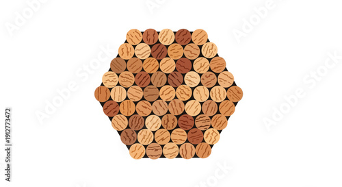 Hexagonal Wood Log Cross-Section Vector Pattern. Stacked Timber Texture Illustration on White Background.