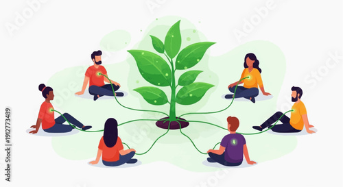 People recharging energy from nature plant representing social battery healing vector.