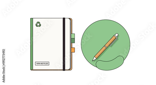 100% Recycled Notebook and Eco Pen Illustration. Sustainable Stationery, Green Office Supplies, and Environmental Conservation Icon.