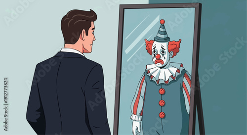 Businessman looking in mirror seeing clown reflection representing impostor syndrome.
