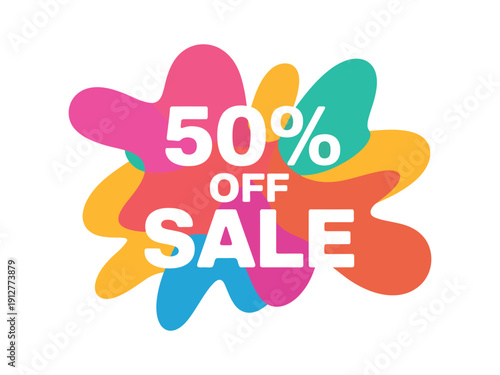Fifty percent off sale promotion features large white text over bright, overlapping, colorful liquid.