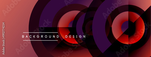 Abstract circles, gradients, red hues dominate design. Modern background with text elements, dynamic composition.