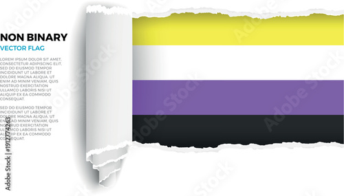 Flag of the Non Binary. LGBTQ. Flag revealed through torn paper rolled up on transparent background
