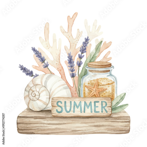 Fotografía Summer Decorative Shelf Ornament Watercolor Illustration with Coastal Elements I