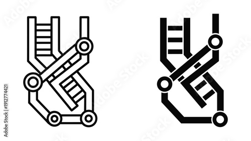 Black and white illustration of two identical DNA double helix symbols intertwined with circuit board elements