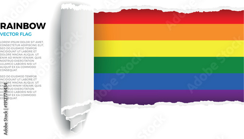 Flag of the LGBTQ. Peace symbol. Flag revealed through torn paper rolled up a transparent background