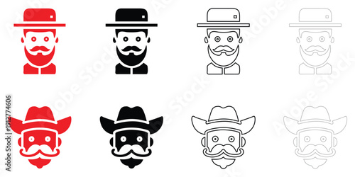 man head with moustache icon vector, man headshot, hat, beard symbol icon vector, silhouette and line art illustration