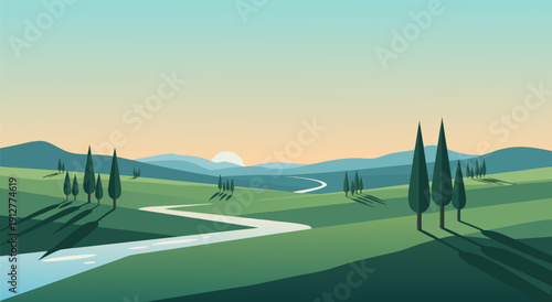 Serene Landscape Vector Illustration of a Winding River Through Rolling Green Hills at Sunrise