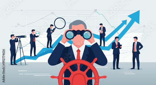 Visionary business leadership vector illustration with team looking into the future and growing chart