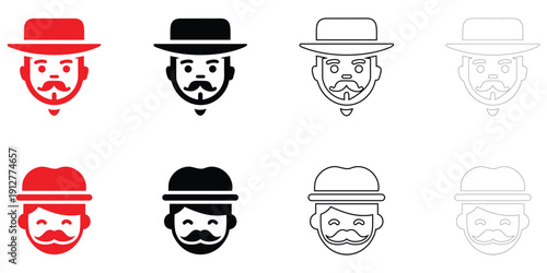 man head with moustache icon vector, man headshot symbol icon vector, silhouette and line art illustration