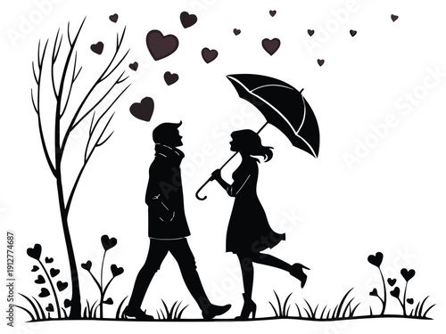 Romantic Couple with Umbrella and Hearts, Valentine Love Silhouette Vector
