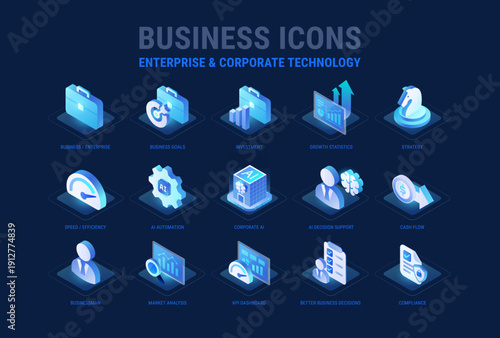 Technology icons set for Business and Enterprise workflow diagram - Corporate AI, AI automation, Business strategy, growth, kpi, compliance, AI decision support - high quality isometric vector	