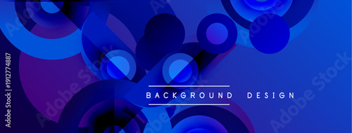 Abstract blue shapes overlap creating dynamic background. Modern design features gradients, curves, text elements. Visually appealing composition.