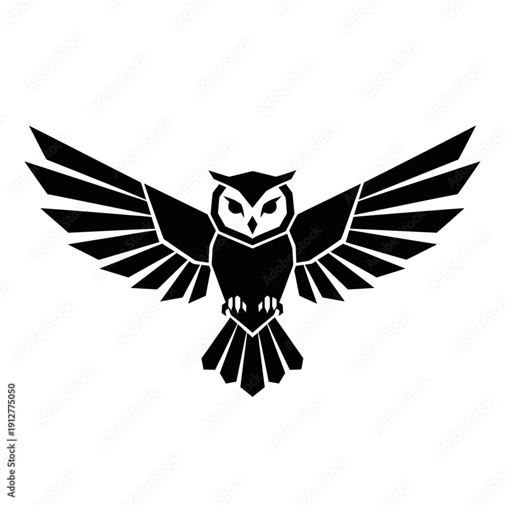 Obraz premium Flying Owl Silhouette Illustration, Wisdom and Knowledge Mascot Logo, Night Bird Predator Vector Graphic