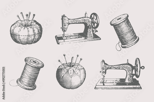 Vintage pincushion vector sketch illustration. Hand-drawn Sewing thread spool, sewing machine, pincushion, sewing, sewing button vector sketch. Eps 10