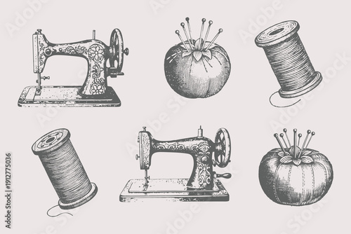 Vintage Sewing thread spool, sewing machine, pincushion, sewing, sewing button illustration set. Retro craft supplies in ink style sewing button, thimble vector for creative design. Eps 10