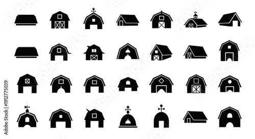 Barn Icons Set: Various Farm Building Silhouettes for Rural and Agricultural Design
