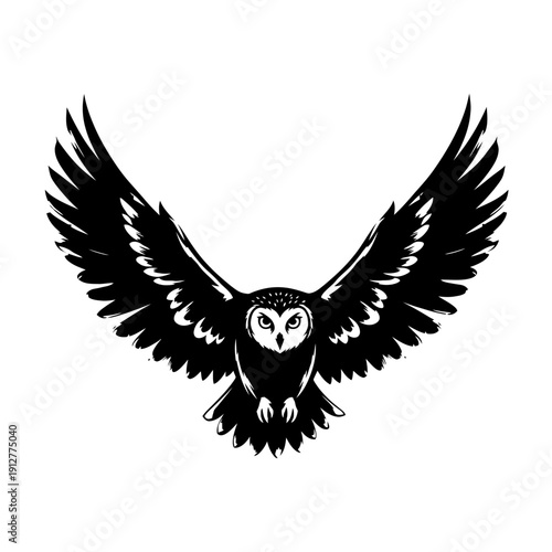 Flying Owl Silhouette Illustration, Wisdom and Knowledge Mascot Logo, Night Bird Predator Vector Graphic
