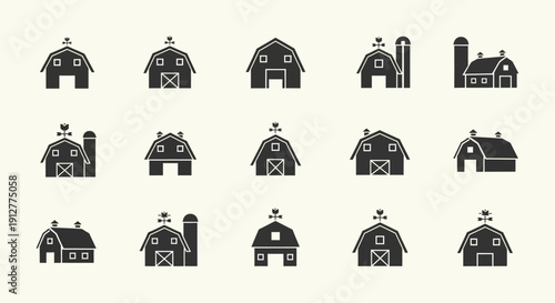 Barn Icons Set, Farm Building Silhouettes, Rural Architecture Vector Collection