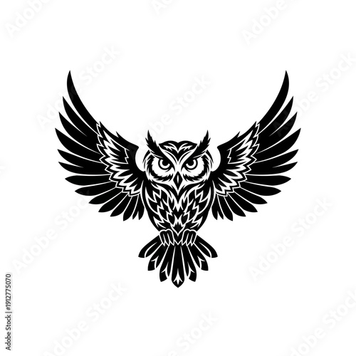 Flying Owl Silhouette Illustration, Wisdom and Knowledge Mascot Logo, Night Bird Predator Vector Graphic
