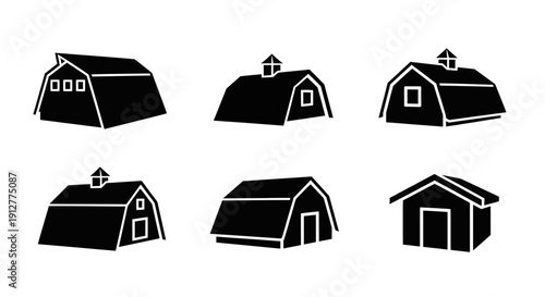 Barn House Silhouettes Vector Set. Rural Farm Building Icons Collection