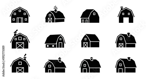 Barn and Farm House Silhouettes Icon Set. Rural Building Vector Collection