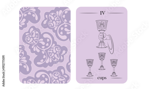 Four of Cups Tarot Card with Hand Holding Chalice, Lavender Minimal Vector Illustration.eps