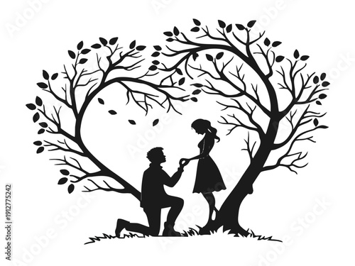 Couple Proposal Under Tree Silhouette, Romantic Love Story Vector Illustration