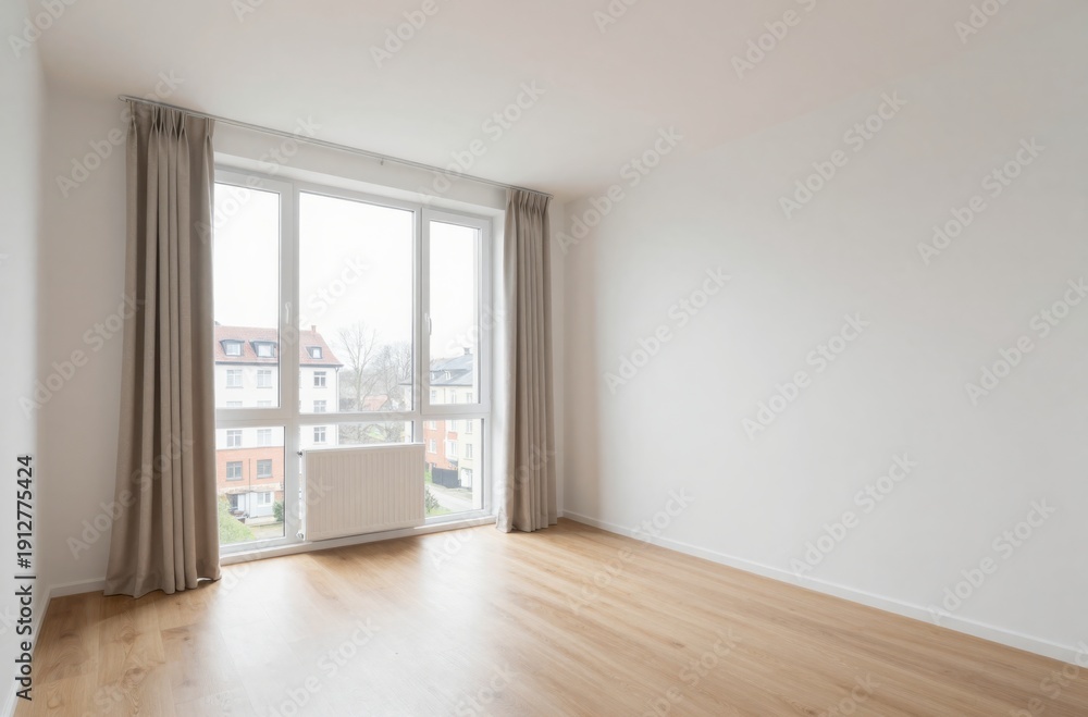 Fototapeta premium Bright Empty Room Interior with Large Window and Wooden Floor, Ideal for Real Estate Staging