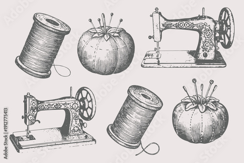 Hand-drawn retro sewing button, thimble, sewing thread spool, sewing machine, pincushion, sewing vector illustration. Various Buttons, drawing, engraving, ink, line art, vector. Eps 10