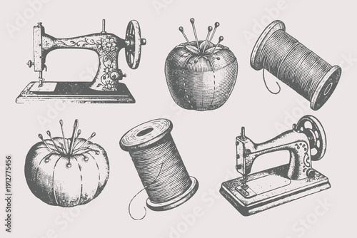 Hand-drawn retro sewing button, thimble, sewing thread spool, sewing machine, pincushion, sewing vector illustration. Various Buttons, drawing, engraving, ink, line art, vector. Eps 10