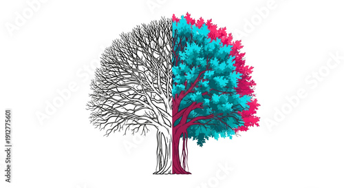 Split Tree Duality Illustration: Half Vibrant Colored Foliage (Cyan, Pink) and Half Bare Black Branches on White Background