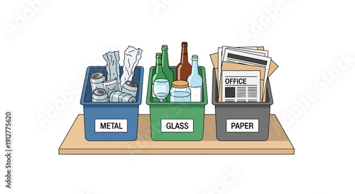 Labeled Recycling Bins Illustration: Sorting Paper, Glass, and Metal Waste. Sustainable Garbage Segregation Concept.