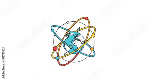 Atomic World Network Icon: Global Communication, Data Circulation, and Technology Infrastructure Concept Illustration