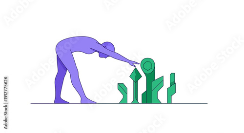 Abstract growth concept. Person reaching for stylized geometric green shapes. Nurturing, future innovation, and digital development vector art.
