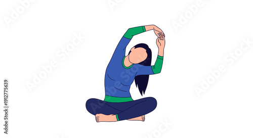 Seated Side Bend Stretch Pose Illustration. Woman performing yoga or fitness exercise for flexibility, balance, and wellness.