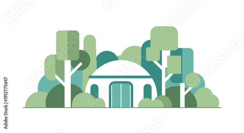 Minimalist Dome House in Forest Flat Vector Illustration. Modern Glamping Tent or Eco-Friendly Building Surrounded by Geometric Trees and Nature.