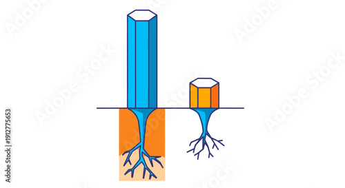 Comparison of Deep Foundation and Shallow Foundation. Strength, Stability, and Growth Concept Illustration showing Extensive Versus Limited Roots.