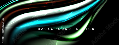 Abstract flowing lines create vibrant energy. Blue, green, white, red hues blend seamlessly against black backdrop. Modern design element.