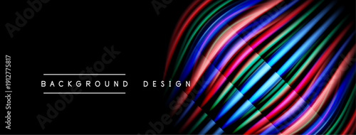 Abstract colorful lines over black background. Modern design element, vibrant gradients, dynamic flow. Minimalist text labels present.