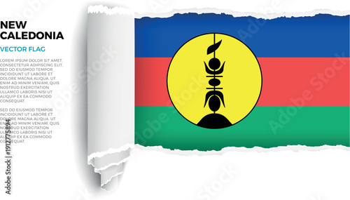 Flag of New Caledonia. Flag revealed through torn paper rolled up on a transparent background