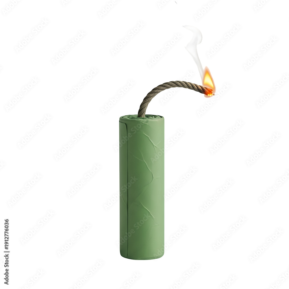 Obraz premium A green cylindrical object with a burning fuse on top against a black background on transparent background