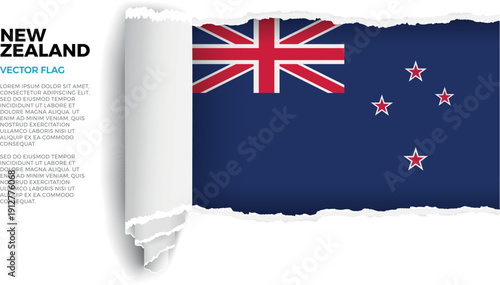 Flag of New Zealand. Flag revealed through torn paper rolled up on a transparent background