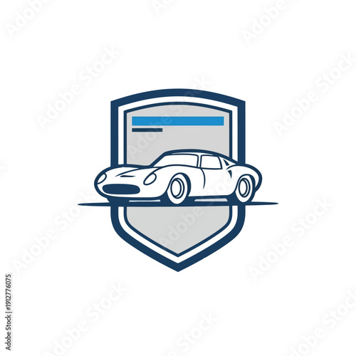 Minimalist blue and white shield emblem featuring a classic car silhouette. Professional automotive branding for clubs, insurance, or dealerships.
